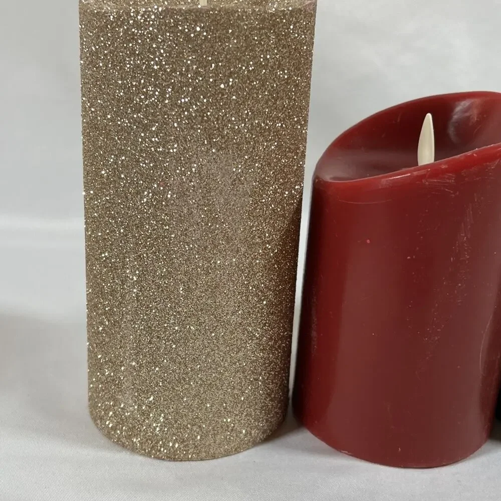 Lot of 3 Luminara Candles Christmas Gold Green Glitter Red Remote 4-10hr Timer